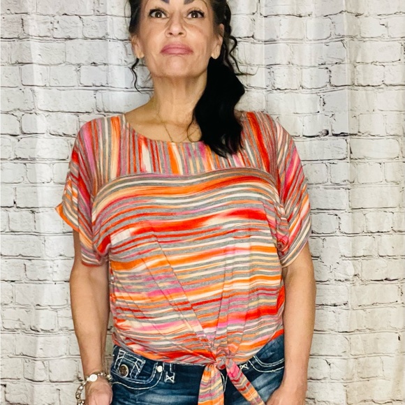 ELNC BELL SS TEE TIE FRONT VERTICAL/HORIZONTAL STRIPES RED, GREY, PINK, ORANGE - Picture 5 of 13